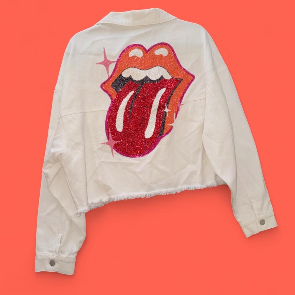 Fantastic Fawn x The Rolling Stones White Sequin Cropped Denim Jacket Size L